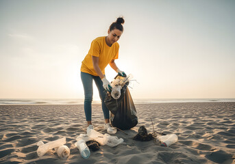 Volunteer cleaning the beach from plastic trash, ecology and environmental pollution concept
