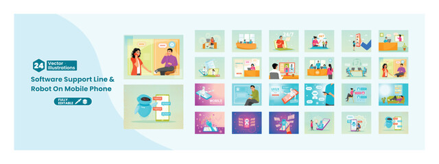 Vector illustrations depicting software support and mobile chatbot interaction concepts. Mega set.
