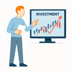 Flat Illustration Man Explaining Investment Growth with Monitor Screen Presentation