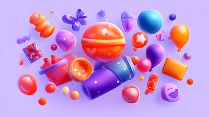 Festive candy, balloons, gifts, party; purple background; celebration banner
