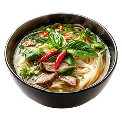 Steaming Beef Noodle Soup with Chili and Basil in a Black Bowl isolated on a transparent background