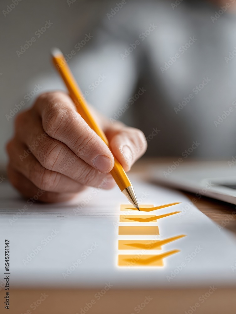 Poster digital business survey completion with hand holding pen and floating checkboxes in warm industrial 