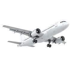 Obraz premium White passenger airplane in flight landing gear down isolated on a transparent background