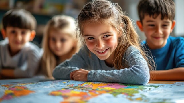 Students practicing hands-on geography with a world map, highlighting countries and capitals in an interactive lesson.