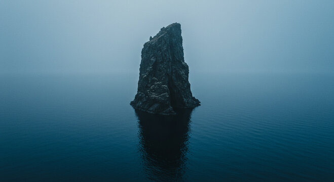 Mysterious rock formation standing alone in the sea under a moody and foggy sky