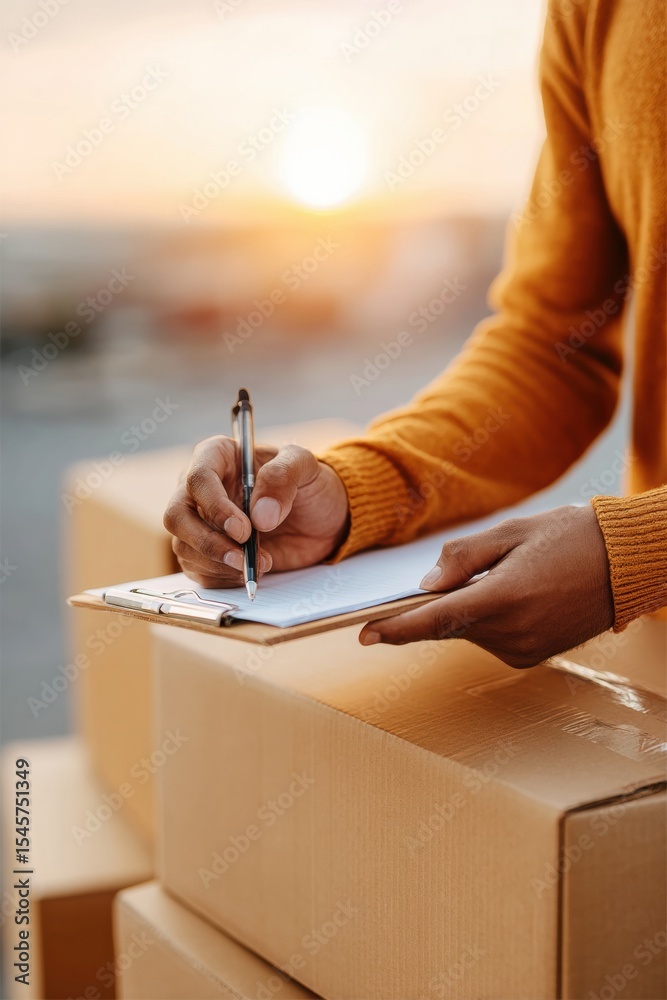 Poster modern supply chain management with hands signing delivery documents on clipboard over cardboard box