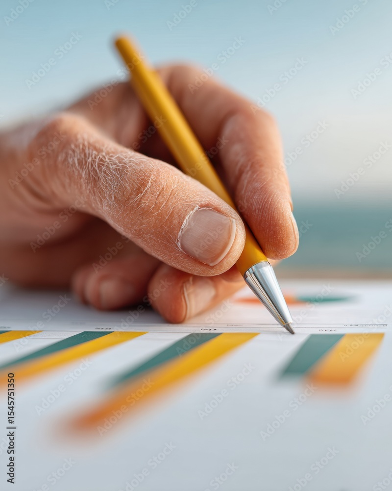 Poster close-up of hand holding yellow pen analyzing colorful data charts for business intelligence in coll