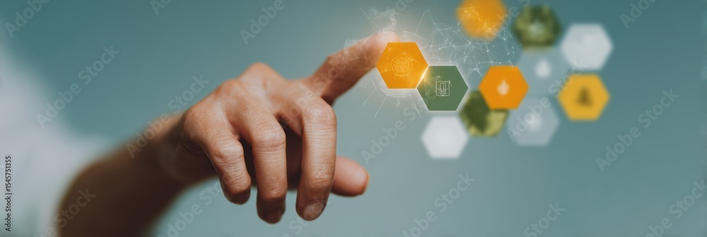 Poster modern consumer protection interface with digital regulation hexagons and security icons for corpora