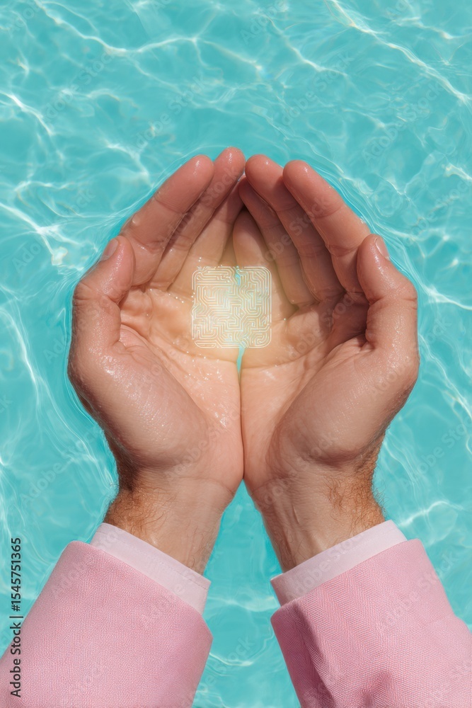 Poster tech-driven consumer protection concept with businessmans hands shielding digital user icons - gdpr 