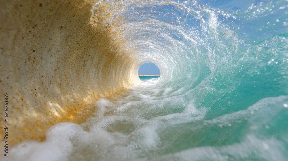 Poster coastal floodwater flowing through concrete drainage culvert toward turbulent ocean waves - environm