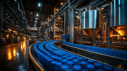 Industrial manufacturing facility conveyor system metal tanks blue containers