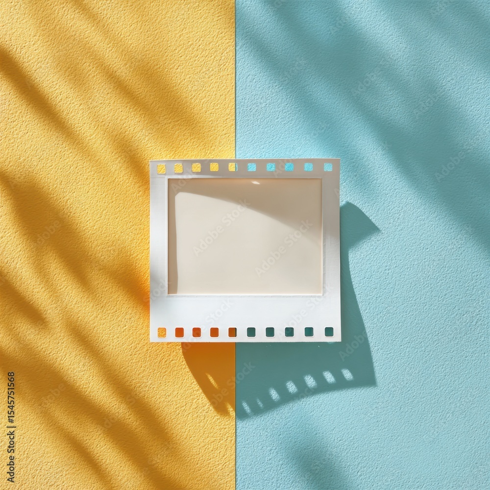 Poster retro film slide frame on bright dual tone background with shadow play for creative media and storyt