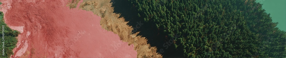 Poster aerial view of flood and drought contrast revealing environmental transition line in green forest an