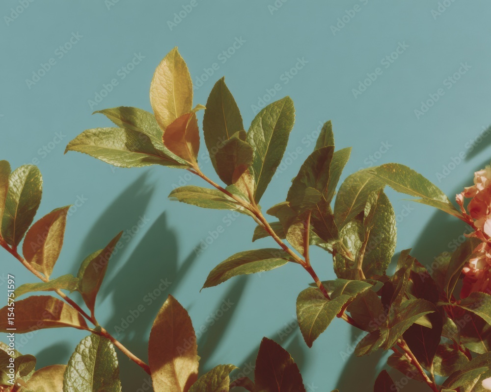 Poster Natural Greenery Against Soft Cyan Background with Warm Lighting and Leaf Shadows for Minimalist Modern Lifestyle and Eco-Friendly Design