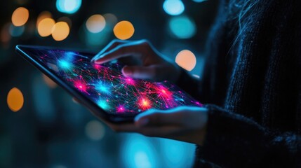 Teacher demonstrating how to use a digital tablet for interactive learning, teaching students how to engage with educational apps.