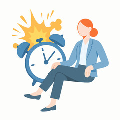 Flat Style Detailed Clock and Businesswoman Time Management Concept Illustration