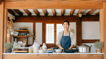 Korean cuisine expert, chef, Korean food, traditional kitchen interior, young woman in the kitchen
