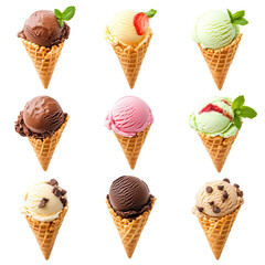 Nine delicious ice cream cones various flavors waffle cones isolated on a transparent background