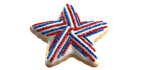 Patriotic star cookie with red, white, and blue sprinkles on black background Festive dessert for Independence Day celebration, Memorial Day, or election themed party