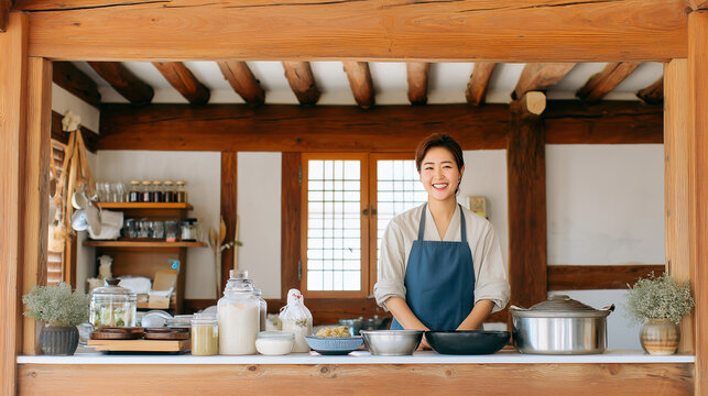 Korean cuisine expert, chef, Korean food, traditional kitchen interior, young woman in the kitchen