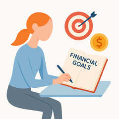 Flat Illustration of a Woman Planning Financial Goals and Budgeting Process