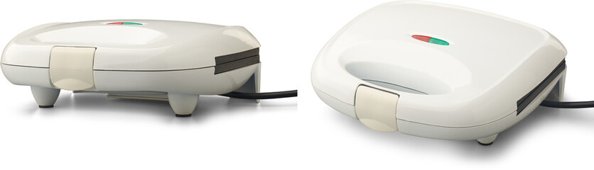 Obraz premium set of modern compact multi functional sandwich maker or toaster isolated white background, versatile kitchen appliance in different angles