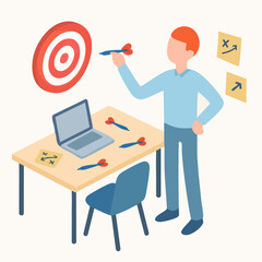 Isometric Flat Design Businessman Aiming Dart at Target on Desk Illustration