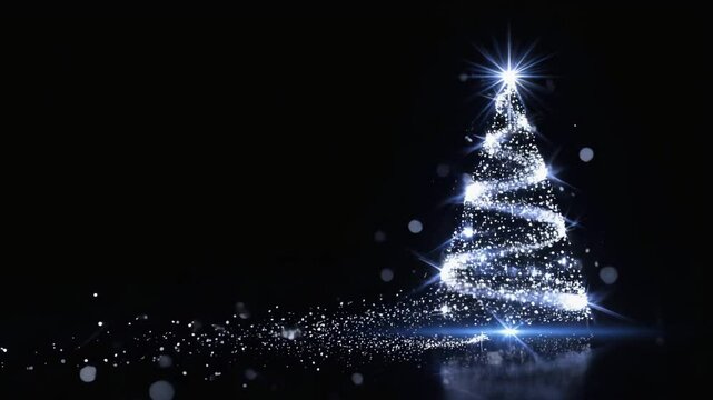 Magical Christmas tree formed from sparkling white light particles with trailing stardust against black background. - Powered by Adobe
