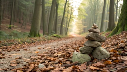 Obraz premium Small pile of rocks placed by hand as a trail marker, worn smooth, forest backdrop with leaf litter