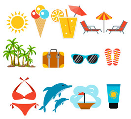 A collection of beach and summer themed items including a surfboard
