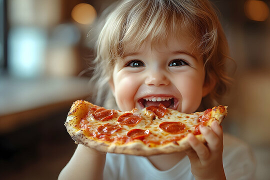 Happy toddler enjoying pepperoni pizza slice
