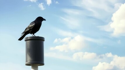 Black crow perched on cylindrical or metal post, calling against bright blue sky with scattered white clouds, bird in natural outdoor nature scene, peaceful and serene atmosphere - Powered by Adobe