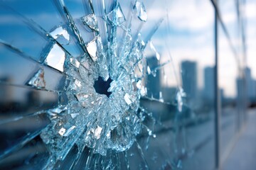 Shattered glass pane reveals city skyline; a starburst pattern of fractured fragments, radiating outward from a central impact point