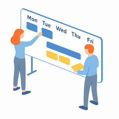 Isometric Handdrawn Planning Board Schedule with People Illustration