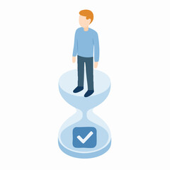 Isometric Man Standing on Hourglass with Check Mark Icon Concept
