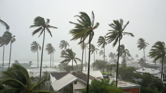 Palm Trees Sway in Heavy Rain and Wind During Tropical Cyclone