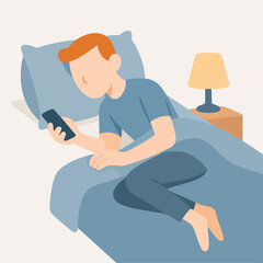 Flat Illustration Man Using Smartphone in Bed Before Sleeping Concept