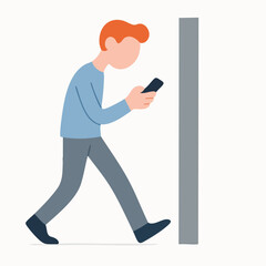 Flat Style Distracted Man Texting Walking Colliding with Wall Illustration