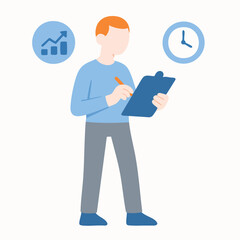 Flat Style Detailed Man Analyzing Report with Clock and Chart Illustration