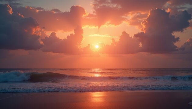 Dramatic sunset over the ocean waves.