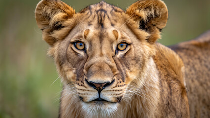 A lioness stands in a vibrant savanna, her piercing gaze captures the essence of wildlife. The sun casts a warm glow, enhancing her majestic presence in nature. Generative AI.