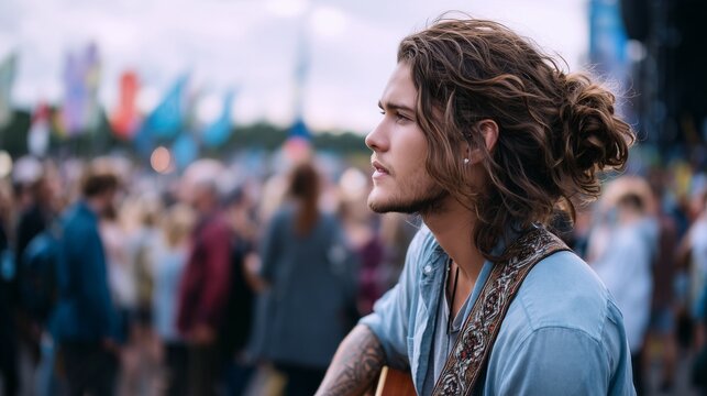 Guitarist at outdoor music festival event
