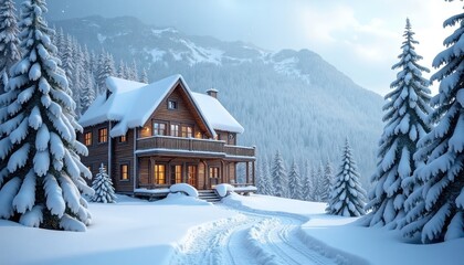 A cozy wooden chalet nestled in a snowy mountain landscape.