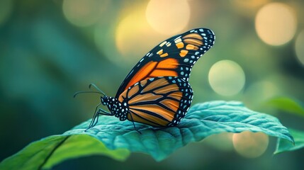 Monarch butterfly on teal leaf