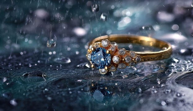 Gold ring with blue gemstone and diamonds, sits in water droplets on a dark reflective surface