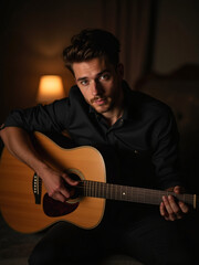 Fototapeta premium Man plays acoustic guitar, focused on music.