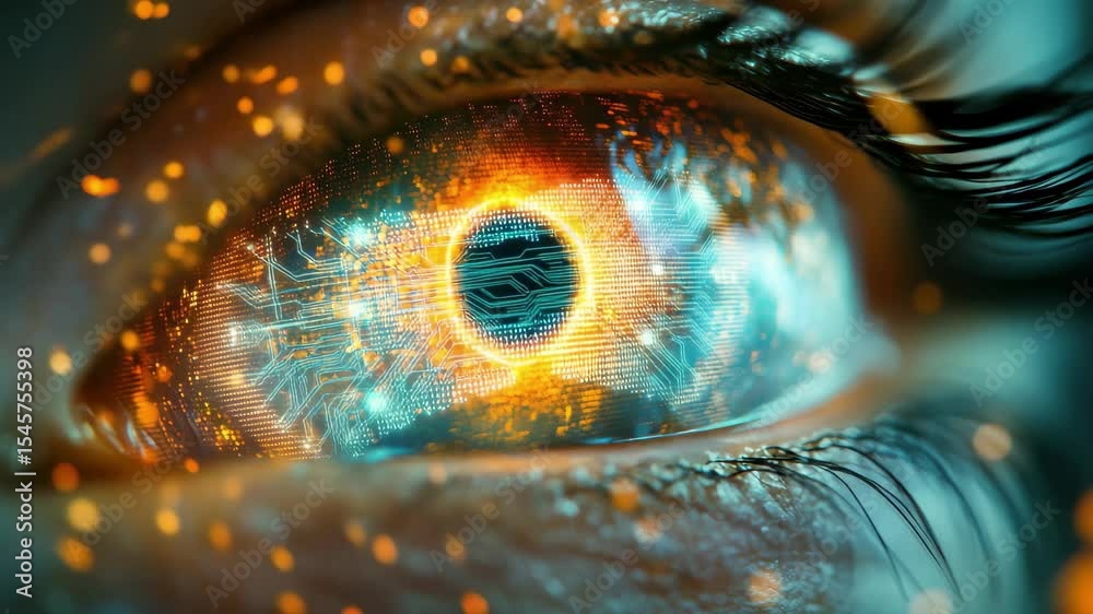Poster futuristic eye displaying intricate data patterns and digital elements for advanced technology persp