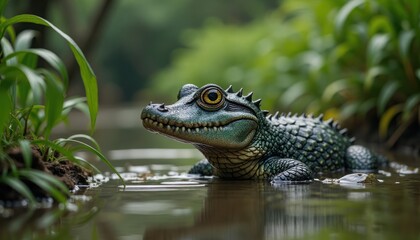 A small alligator resting in a shallow water.
