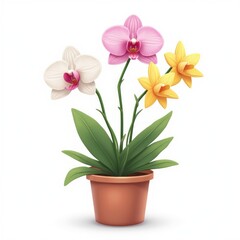 Naklejka premium Vibrant orchid arrangement in a terracotta pot.