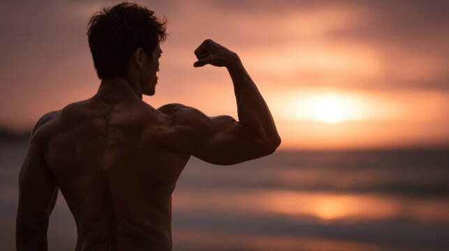 A man flexing his biceps at sunset